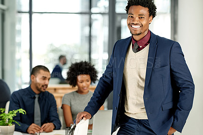 Buy stock photo Man, lawyer and portrait at meeting, office and smile for confidence, team or legal services at agency. Person, attorney and consultant with pride for career, boardroom or happy at corporate law firm
