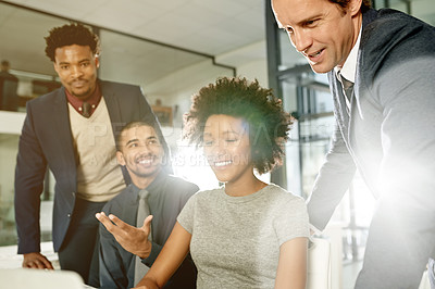 Buy stock photo Meeting, discussion and business people in office for online feedback, financial review and budget planning. Teamwork, laptop and woman with men with flare for proposal, strategy and finance report