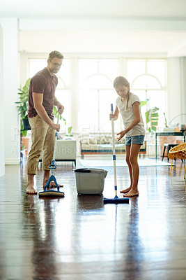 Buy stock photo Dad, child and mop in home for cleaning, learning hygiene or  maintenance with shine. Father, girl and wash floor for chores with parent for help, teaching housekeeping and teamwork with family