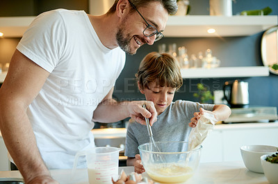 Buy stock photo Cooking, help and bowl with father and son in kitchen for teaching, dessert recipe and bonding. Love, happiness and pancake breakfast with man and child in family home for learning and ingredients