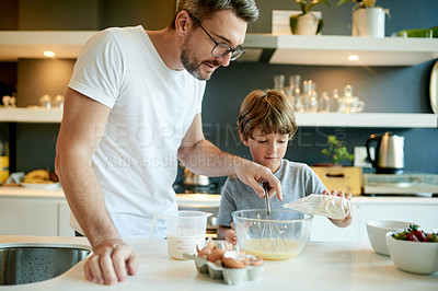 Buy stock photo Father, young child and baking in kitchen with teaching, bonding and helping in childhood. Learning, people and meal prep in home with ingredients, food and support for growth and development.
