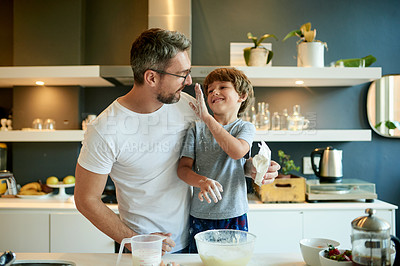 Buy stock photo Cooking, pancake and flour with father and son in kitchen for learning, breakfast and support. Food, ingredients and batter with man and child with bowl in family home for teaching, bonding and love