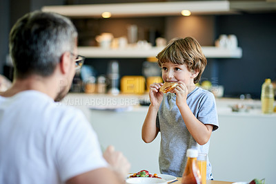 Buy stock photo Home, breakfast and father with boy, eating and bonding together with nutrition. Family, apartment and dad with happy son, morning food and parent with kid, healthy meal and hungry with waffles