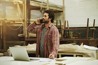 Buy stock photo Man, phone call or carpenter in woodwork workshop for professional trade or supply chain. Craftsmanship, ideas or artisan thinking in industrial warehouse for progress update or mobile conversation