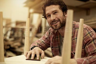 Buy stock photo Carpenter, woodwork and man in workshop for sanding furniture, manufacturing and lumber production. Artisan, craftsmanship and carpentry with tools for planks, timber and building or restoration