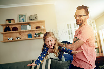 Buy stock photo Relax, dad and child in apartment with play, care and connection in adoption for bonding. Happiness, people or affection in home with trust, support and security in parenting with love and flying