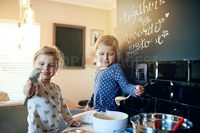 Buy stock photo Baking, kitchen and messy with girl children in home together for learning or growth. Cooking, development and fun with sister kids at counter in apartment for ingredients or recipe as baker family