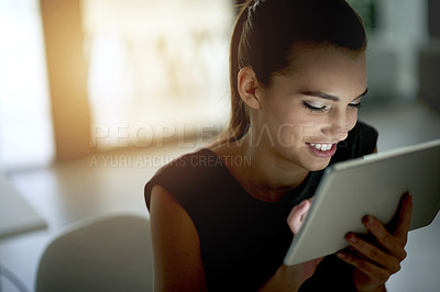 Buy stock photo Update, research or happy woman on tablet in startup for online reviews, news or insights feedback. Office, business project or social media strategist browsing on internet or web network with smile