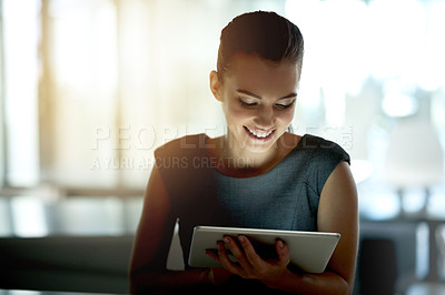 Buy stock photo Laugh, tablet and woman in office for reading online campaign, project draft and funny meme. Notification, smile or happy social media analyst in startup for business blog, joke and post research