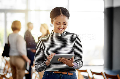 Buy stock photo Happy, employee and woman with tablet, event and proofreading article on website, browse and online. Workshop, reporter and person with tech for story, editing or review of info, scroll and creative