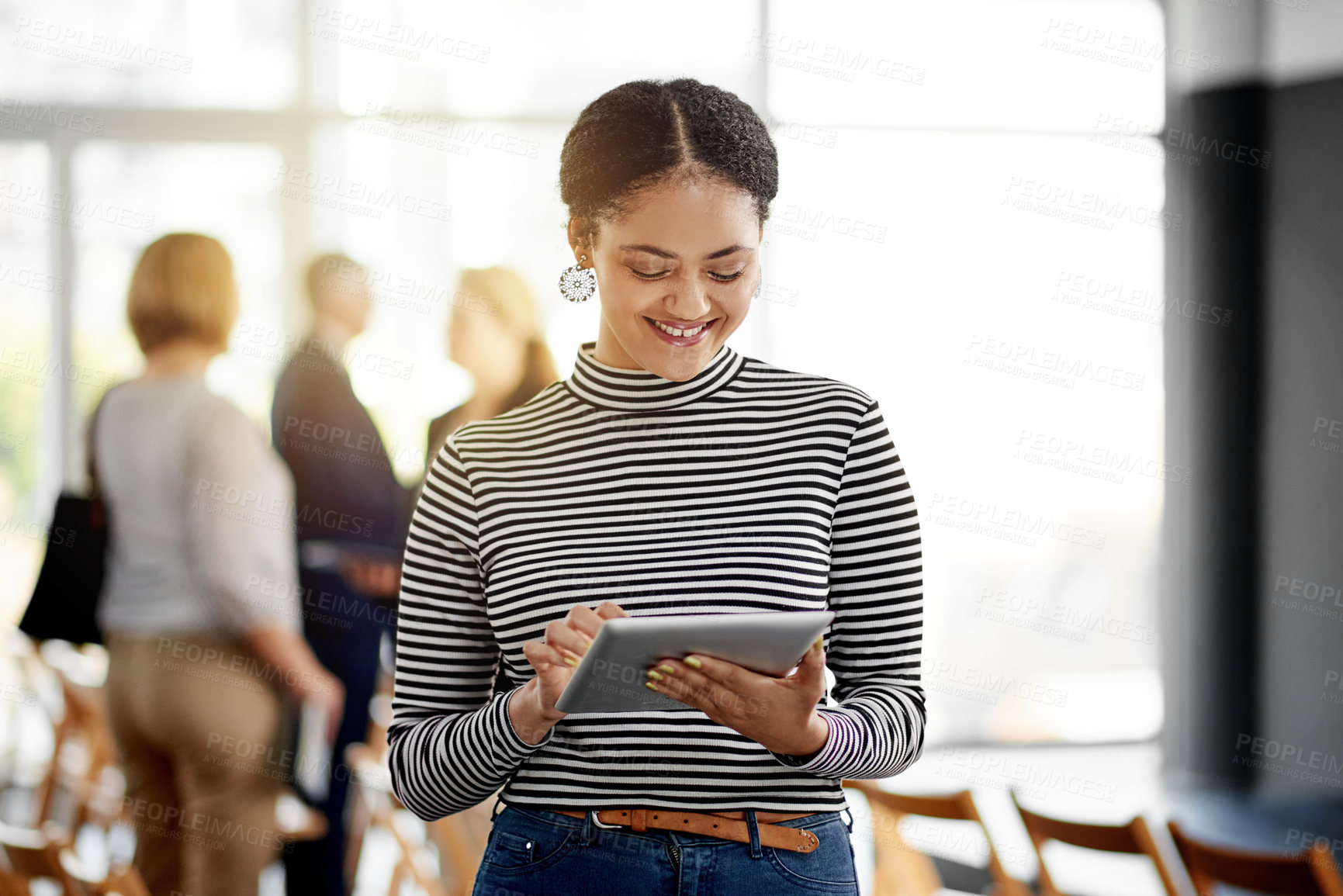 Buy stock photo Happy, employee and woman with tablet, event and proofreading article on website, browse and online. Workshop, reporter and person with tech for story, editing or review of info, scroll and creative