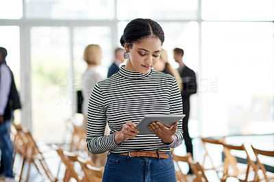 Buy stock photo Business, woman and reading with tablet in office for research, editor feedback and proofreading. Journalist, digital and review for fact check, editing article and update draft of publication agency