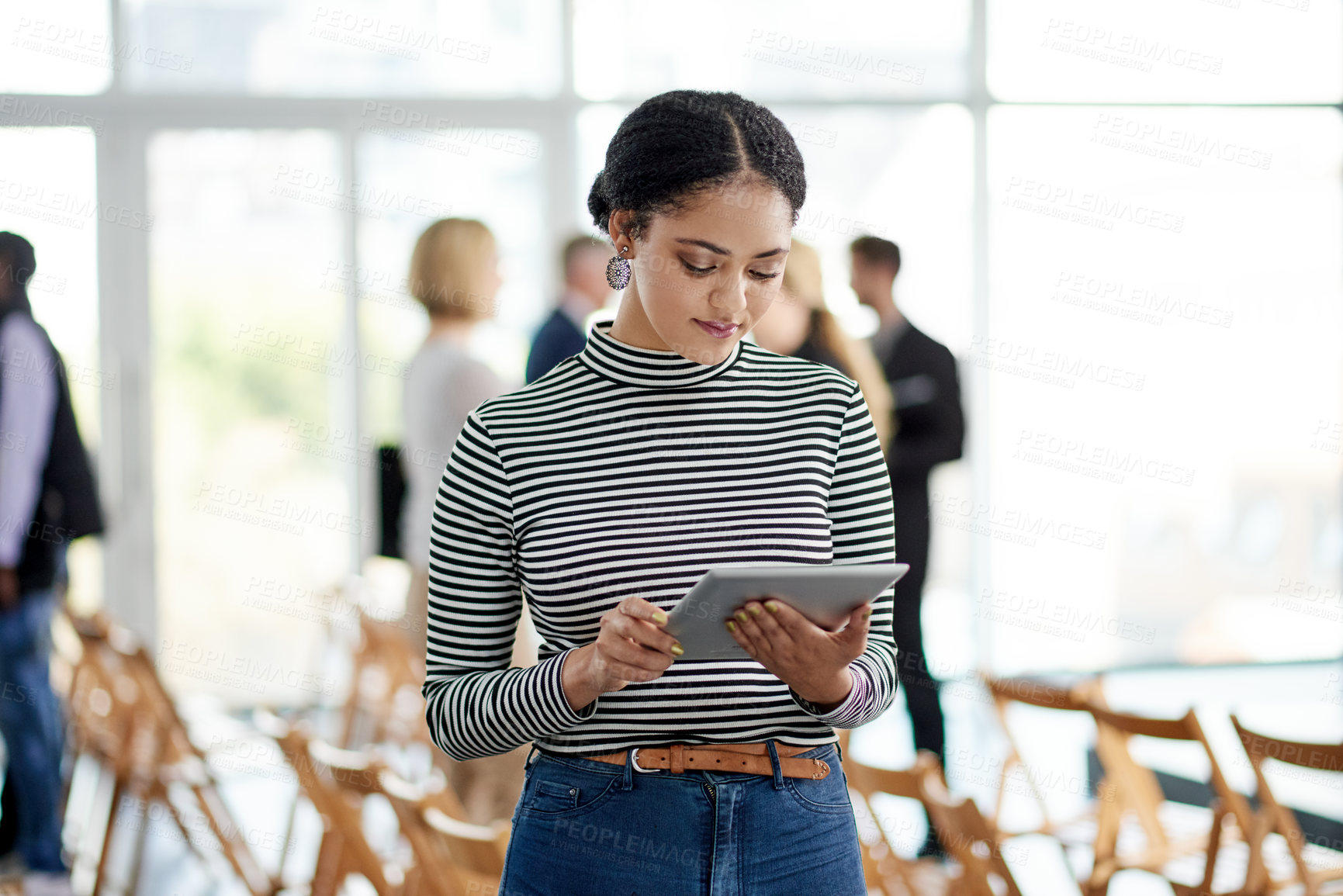 Buy stock photo Business, woman and reading with tablet in office for research, editor feedback and proofreading. Journalist, digital and review for fact check, editing article and update draft of publication agency