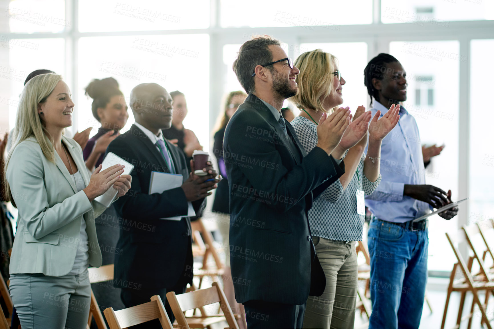 Buy stock photo Business, audience and man with applause, seminar and financial agency with celebration. Conference, goals and crowd in office, clapping and company target with convention, cheering and happiness