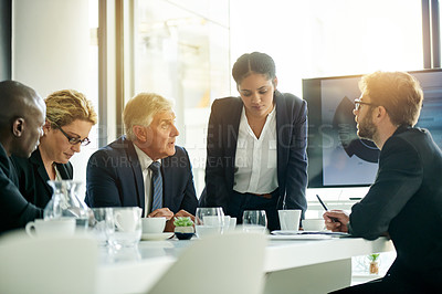 Buy stock photo Training, business people and group planning with manager for investment data, trading or coaching. Meeting, office and team discussion for stock market presentation, financial analysis or strategy
