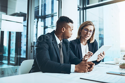 Buy stock photo Business people, tablet and meeting in office for judicial case, legal report and research with team. Lawyers, discussion and technology with online regulation info, litigation and collaboration
