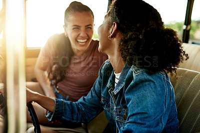Buy stock photo Laugh, road trip and women in car for holiday, travel or vacation on outdoor adventure. Flare, explore or friends with comedy, smile and bonding for weekend getaway, scenery or journey in vehicle