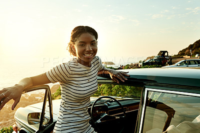 Buy stock photo Portrait of a young woman on a roadtrip