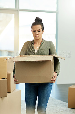 Buy stock photo New home, carrying and woman with box for moving to house, property mortgage and real estate purchase. Homeowner, walking and person with cardboard parcel for relocation, rental apartment and packing