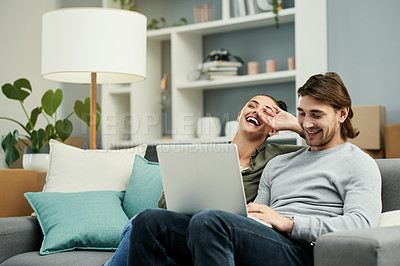 Buy stock photo Happy, laugh and couple on sofa with laptop for watching movies, funny series and entertainment. Bonding, relax and man with woman on computer for subscription, film and comedy on weekend in home
