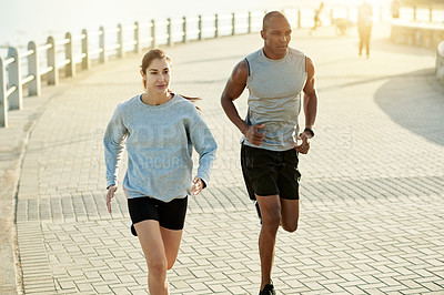 Buy stock photo Promenade, couple and fitness with running for exercise, cardiovascular health and wellness with sports. Outdoor, man and woman with training for marathon challenge, endurance and energy by flare
