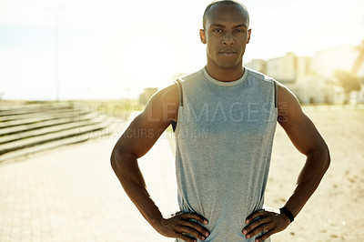 Buy stock photo Fitness, portrait and serious black man outdoor for exercise, workout or confident person. Sports, runner and athlete in city for health, wellness or determination for challenge with pride in Kenya
