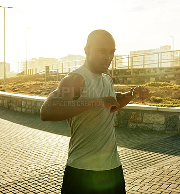 Buy stock photo Black man, fitness and stretching with sunset for workout preparation or exercise on promenade. Active, male person or getting ready with body or muscle warm up for flexibility or outdoor training