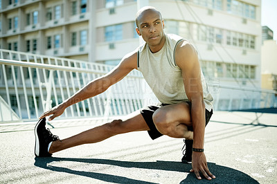 Buy stock photo Man, city and stretching legs for exercise, warm up and runner for cardio preparation. Male person, thinking and athlete for workout, getting ready and fitness for marathon training with idea