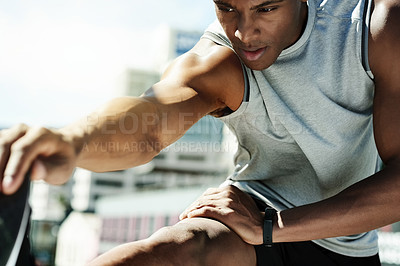 Buy stock photo Man, stretching or fitness in city for run, ready or start training with cardio, health and flexibility outdoor. Runner, athlete or black person prepare for exercise with warm up for workout in town