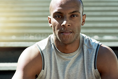 Buy stock photo Black man, portrait and exercise on steps in city for health, sports and confidence with training outdoor. Serious athlete, male person and fitness on stairs, healthy and active for wellness in Ghana