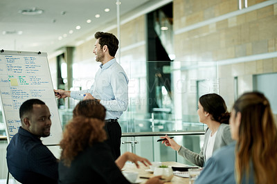 Buy stock photo Business man, group and workshop with whiteboard for finance training, billing process and skills. Presentation, team and financial meeting in office for upskill, compliance and corporate development