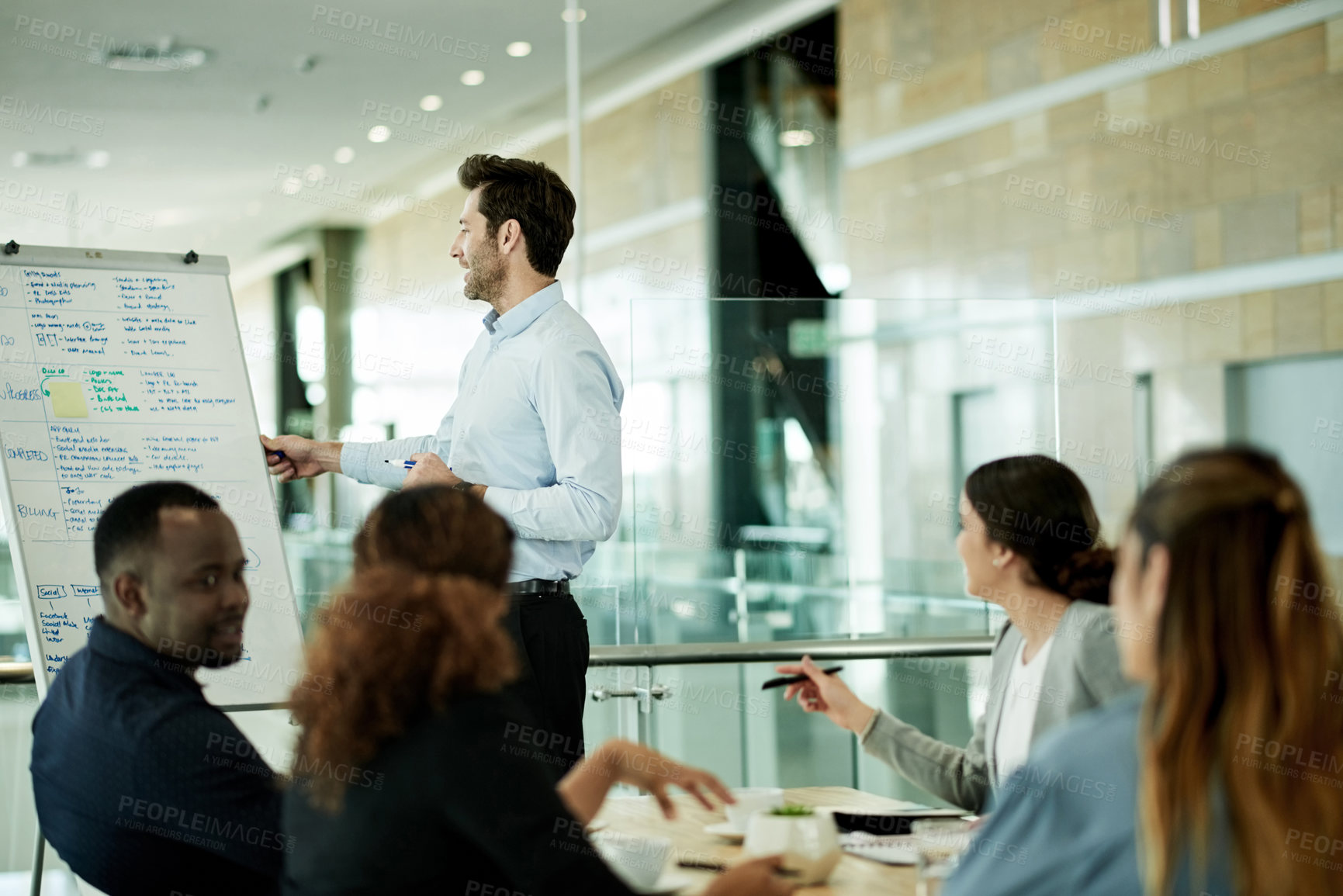 Buy stock photo Business man, group and workshop with whiteboard for finance training, billing process and skills. Presentation, team and financial meeting in office for upskill, compliance and corporate development