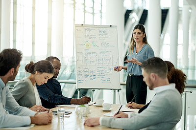 Buy stock photo Business coach, team and training with whiteboard for finance workshop, risk mitigation and skills. Presentation, people and financial knowledge in office for industry trends, workflow and discussion