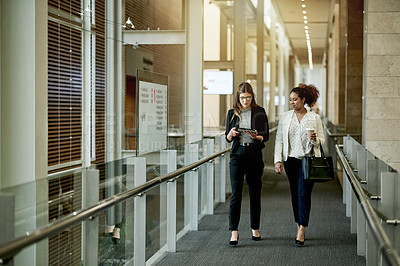 Buy stock photo Walking, team and tablet with business people in hotel for conference, digital report or opportunity. Convention center, tradeshow seminar and online agenda with employees for symposium event or expo