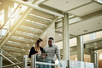 Buy stock photo People, tablet and meeting on stairs for business, agenda and feedback for project. Proposal, tech and admin team in office lobby for planning, schedule update and support for company development