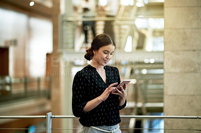 Buy stock photo Woman, tablet and happy with scroll at office, deal or contact with notification at real estate agency. Person, realtor and property developer with tech, application or bokeh with building evaluation