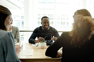 Buy stock photo Laugh, business man and group planning in office with idea, investment or think with glasses. Meeting, happy team and collaboration for discussion, funny joke and financial update for strategy