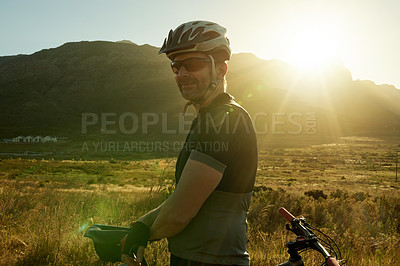 Buy stock photo Man, cycling and bike for fitness in nature, training or sports with sustainable transport in countryside. Flare, cyclist and bicycle with eco friendly exercise or prepare for triathlon outdoor