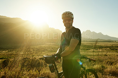 Buy stock photo Man, cycling and bicycle for exercise in nature, training or sports with sustainable transport in countryside. Flare, cyclist and bike with eco friendly fitness or prepare for triathlon outdoor