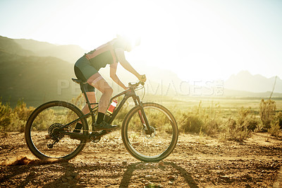 Buy stock photo Exercise, sunshine and woman cycling with bicycle for training, race and triathlon or competition. Sports athlete, workout and cyclist with bike for cardio, fitness and outdoor trail and nature flare
