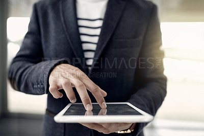 Buy stock photo Hands, scroll or businessman with tablet in office for research, consulting advice or legal aid. Court case, lawyer or attorney with touchscreen in company with advisor, flare or tech for app review