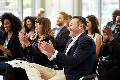 Buy stock photo Congratulations, smile or businessman clapping in seminar for success, goal or corporate project. Happy people, development and applause of audience in convention for event or winning achievement
