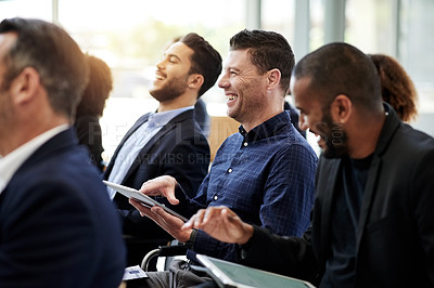 Buy stock photo Man, laugh and business people with conference, workshop or announcement for seminar event. Audience, tablet and comedy with crowd, convention information and b2b support for presentation or pitch