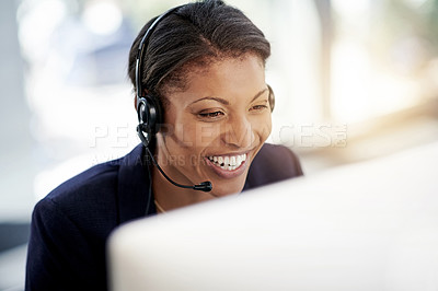 Buy stock photo Headset, happy woman and conversation at callcenter with contact, communication or customer support. Mic, advice and female agent at computer for help desk, information and telecom with bokeh flare