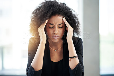 Buy stock photo Business, headache or black woman in office with stress, brain fog or debt crisis. Dizzy, mental breakdown or overworked financial accountant overwhelmed with pressure, migraine pain or finance risk