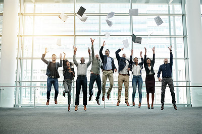 Buy stock photo Business people, jump or throw documents with celebration for finance profit, KPI goals or success. Office, group and portrait with paperwork in air for financial growth, team achievement and victory