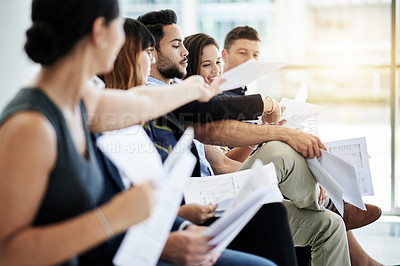 Buy stock photo Job interview, documents or people in waiting room for resume, appointment or human resources. Group, hiring or applicants in line for recruitment process, CV paperwork and application opportunity