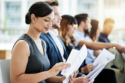 Buy stock photo Businesswoman, audience or reading documents in conference for seminar, instruction or learning. Corporate lesson, presentation or people in staff workshop for notes info, paperwork or career skills