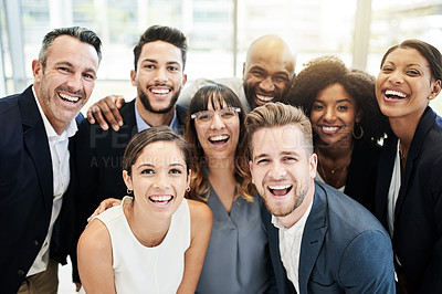 Buy stock photo Business people, group and portrait in office with laugh, entrepreneur and confidence. Corporate men, women and together for teamwork, management and about us for mission collaboration and solidarity