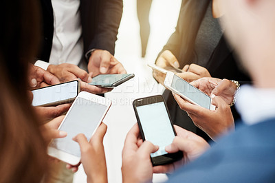 Buy stock photo Business people, hands or network with phone screen for data sync, connection or online platform. Group, employees or circle with team huddle on mobile mockup for social media, web or sharing app